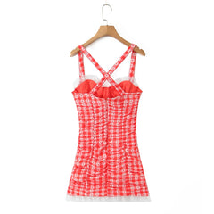 Red Plaid Plaid Dot Ruched Mini Dress