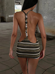 Stripe Print O-Neck Open Back Beaded Mini Dress