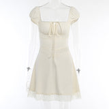 Cream Short Sleeve Lace Trim Patchwork Mini Dress