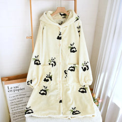 Print Flannel Nightgown Hooded Bathrobe