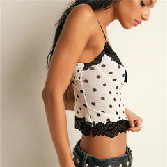 White Lace Patchwork Polka Dot Print Spaghetti Strap Mesh Tank Top