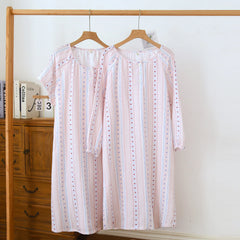Striped Printing Cotton Long Sleeve Nightgown