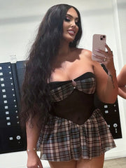 Plaid Mesh Patchwork Strapless Mini Dress