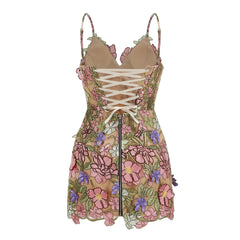 Embroired Floral Lace Tie Up Mini Dress