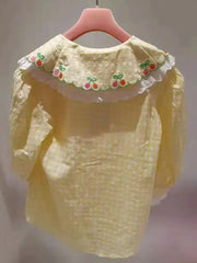 Plaid Peter Pan Collar Puff Sleeve Embroidery Blouse