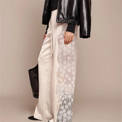 Satin Wide Leg Lace Patchwork Drawstring Pants