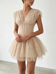 Sequin Tulle V-neck Mini Dress