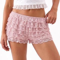 Layered Ruffle Lace  Elastic Waist Shorts