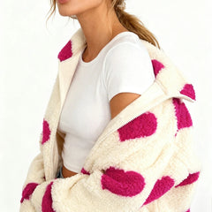 Heart Print Fuzzy Fleece Zip Up Jacket