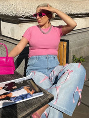 Pink Ribbon Bow Straight Baggy Jeans