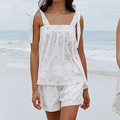 White Printed Tie Shoulder Top And Shorts Lounge Set