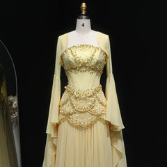 Cape Sleeve Chiffon Tiered Petals Sequined Pearl Embellished Gown