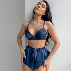Satin Cami Top And Shorts With Fur Trim Rode Nightgown Three-piece Set