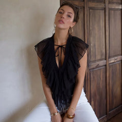 Black Chiffon Ruffle Trim V-Neck Tie Front Flutter Sleeve Sheer Crop Top