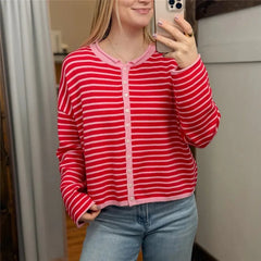 Striped Knit Crew Neck Cardigan