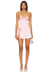 Pink Satin Floral Bustier Strap Mini Dress