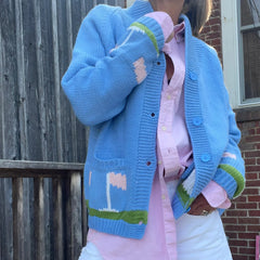 Blue Golf Car Long Sleeve Knitwear Cardigan with Pockets