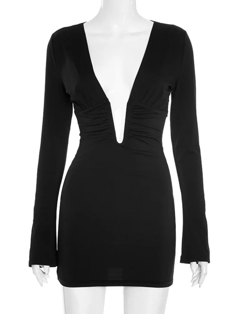 Deep V-Neck Long Sleeve Ruched Mini Bodycon Party Dress - SHExFAB Purple / M