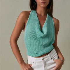 Knit Cowl Neck Backless Tie Up Top