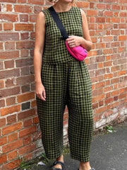 Printed Plaid Sleeveless Vest And Wide Pants Set