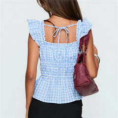 Gingham Smocked Waist Tie Back Peplum Top