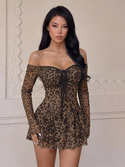 Leopard Print Tie Long Sleeve Mini Dress