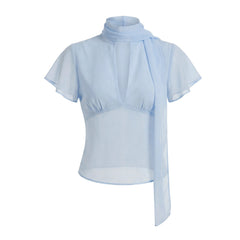 Mesh Short Flutter Sleeve Keyhole Neck Tie Scarf Collar Top