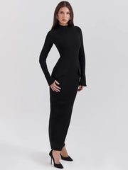 A woman wearing a flattering black maxi dress with a mock neck and a flowing silhouette, ideal for a special occasion.