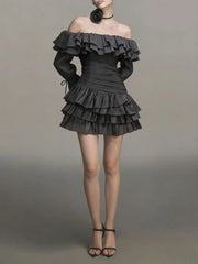 Off-shoulder Long Sleeve Ruffle Mini Dress