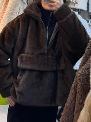 Faux Fur  Stand Collar Zip Long Sleeve Sweatshirt