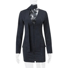 A stylish blue blazer mini dress with long sleeves and a classic striped pattern.