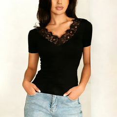 Short Sleeve Lace Trim T-shirt