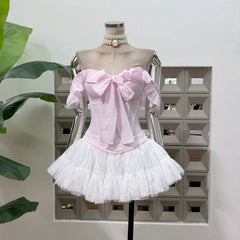 Ruffled Trim Off-shoulder Crop Top And White Tulle Mini Skirt Set