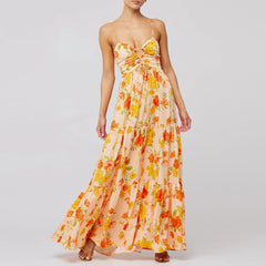 Spaghetti Straps Cross Tie-up Front Floral Print Cutout Long Dress