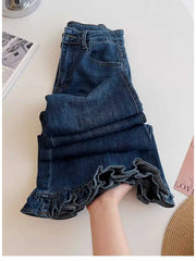 Ruffle Blue Bell Bottom Flare Denim Pants