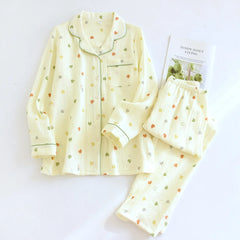 Yellow Heart Printed Long Sleeve Shirt And Pants Pajama Set