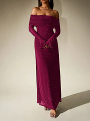 Off-Shoulder Flared Long Sleeve Sequined Maxi Dress