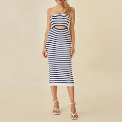 Strapless  Striped Cutout Knitted Long Dress