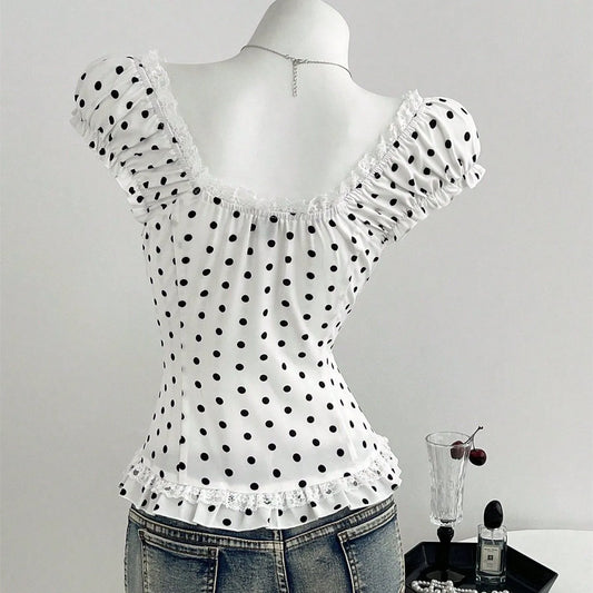 White Polka Dot Puff Sleeve Button Top
