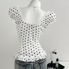 White Polka Dot Puff Sleeve Button Top