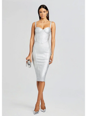 Silver Spaghetti Strap Bandage Midi Dress