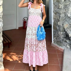 Pink Floral Plaid Tie-Shoulder Smocked Tiered Maxi Dress