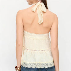 Yellow Tie Neck Lace Trim Top