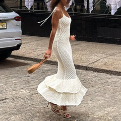 Ruffled Knitted Hollow Strap Tie Up Long Dress