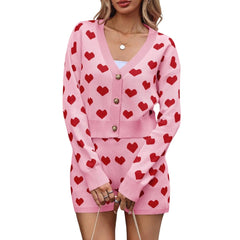 Love Heart Pattern Button Up Crop Knit Cardigans and High Waist Shorts