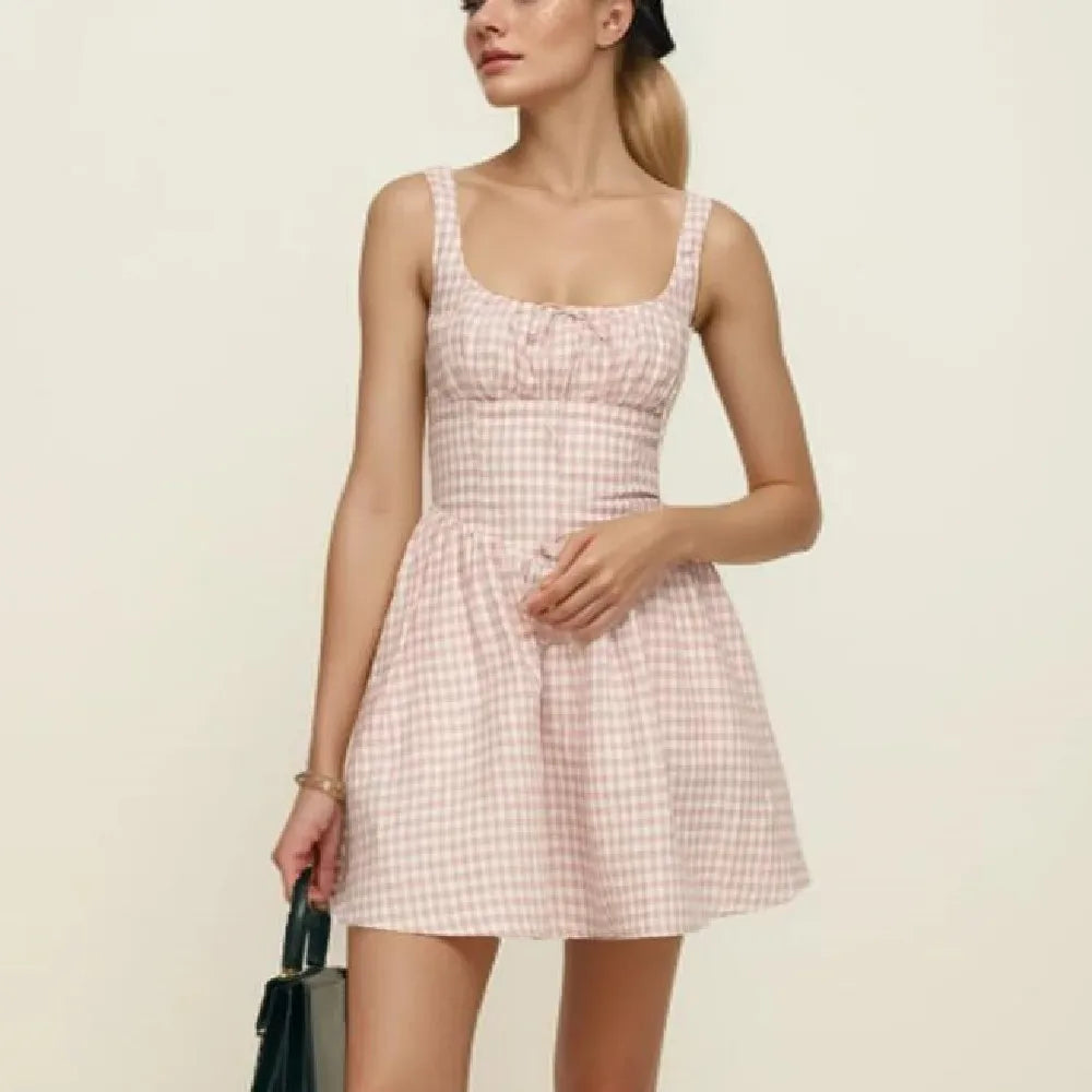 Pink Plaid Print Ruched Bra Corset style Spaghetti Strap Mini Dress