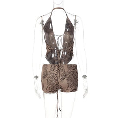 Tiger Print Open Back Halter Top and Shorts Set