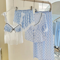 Blue Dotted Lace Patchwork 4 Piece Sleep Loungewear Set
