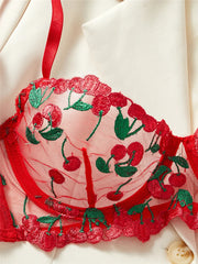 Red Cherry Embroidery Sheer Lingerie Set