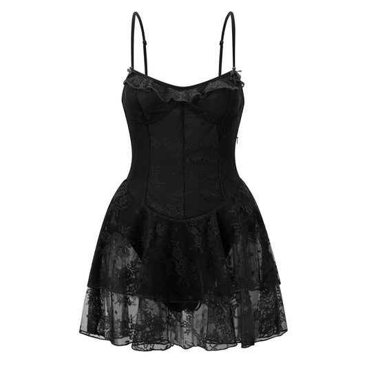 Lace Floral Tiered Ruffle Hem Short Dress